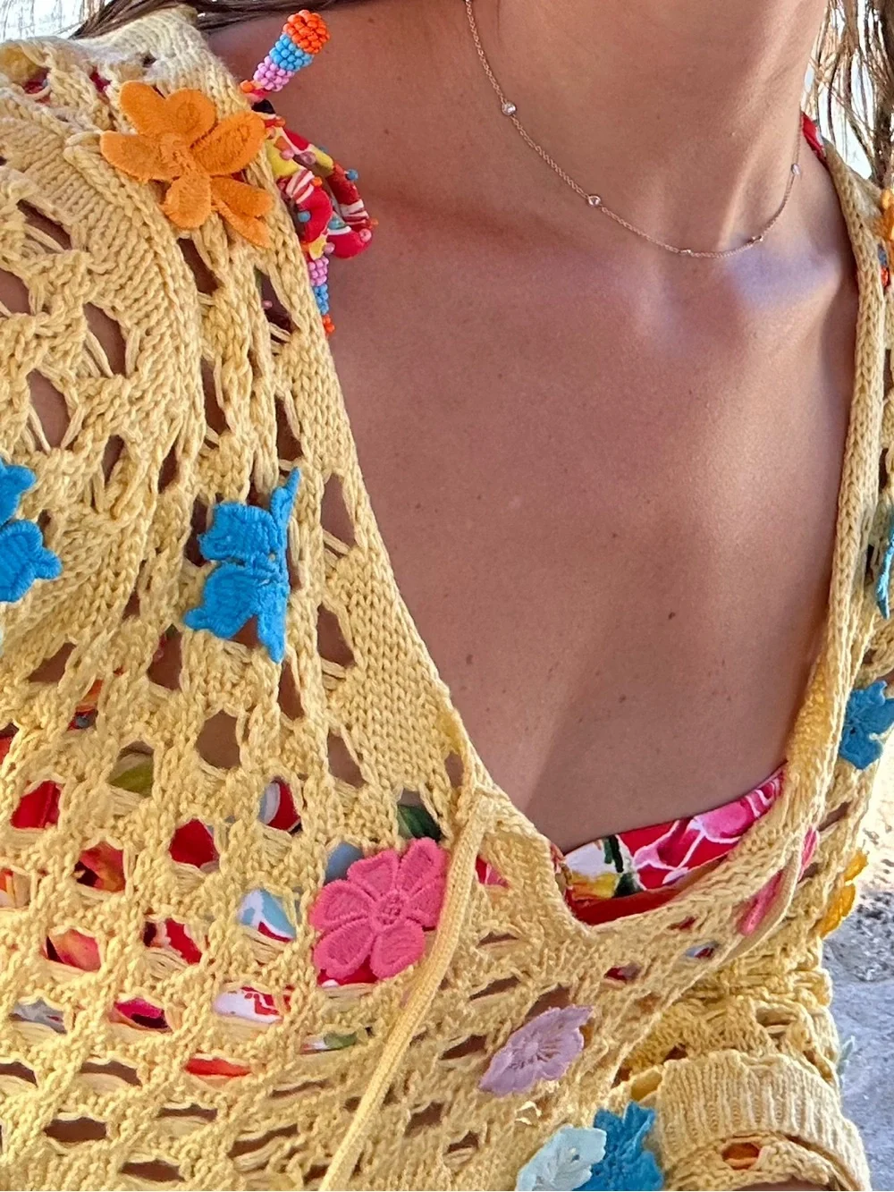 Lovers + Friends Yellow Crochet Floral Swim Coverup Set (M top, S bottom)
